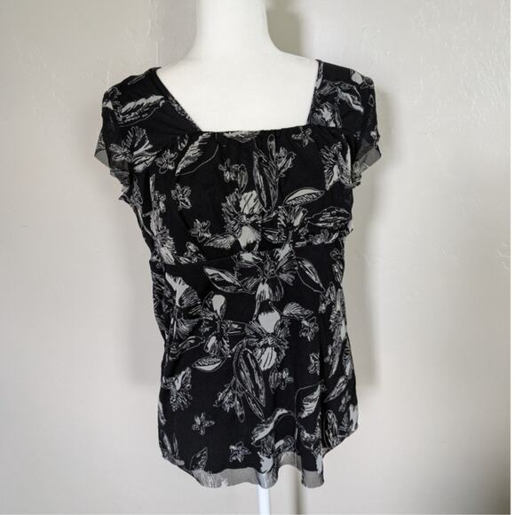 Merona‎ Y2K Blouse Womens Junior XL Floral Sheer Layered Raw Edges Black Floral - Picture 1 of 10